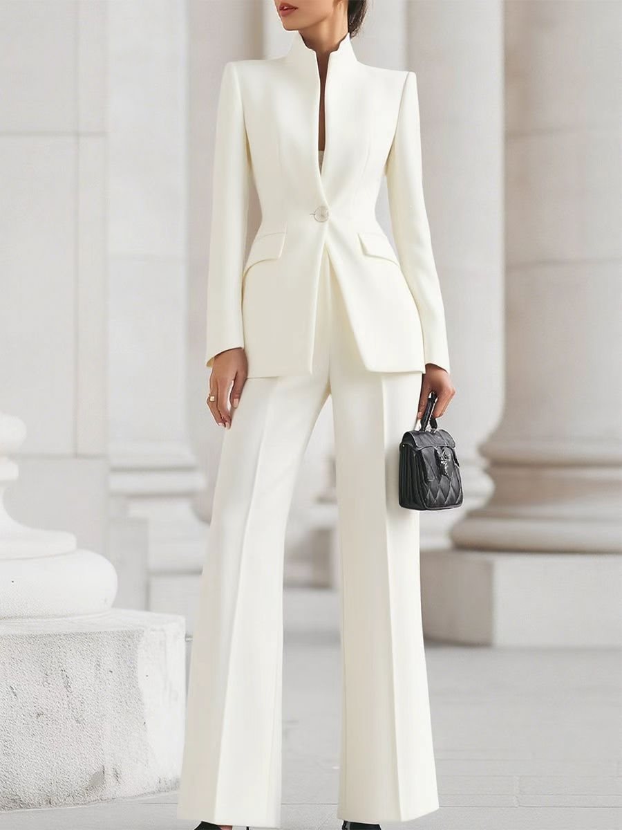 Women Tailored Blazer with Stand Collar and High-Waist Flared Pants Mune Fashion