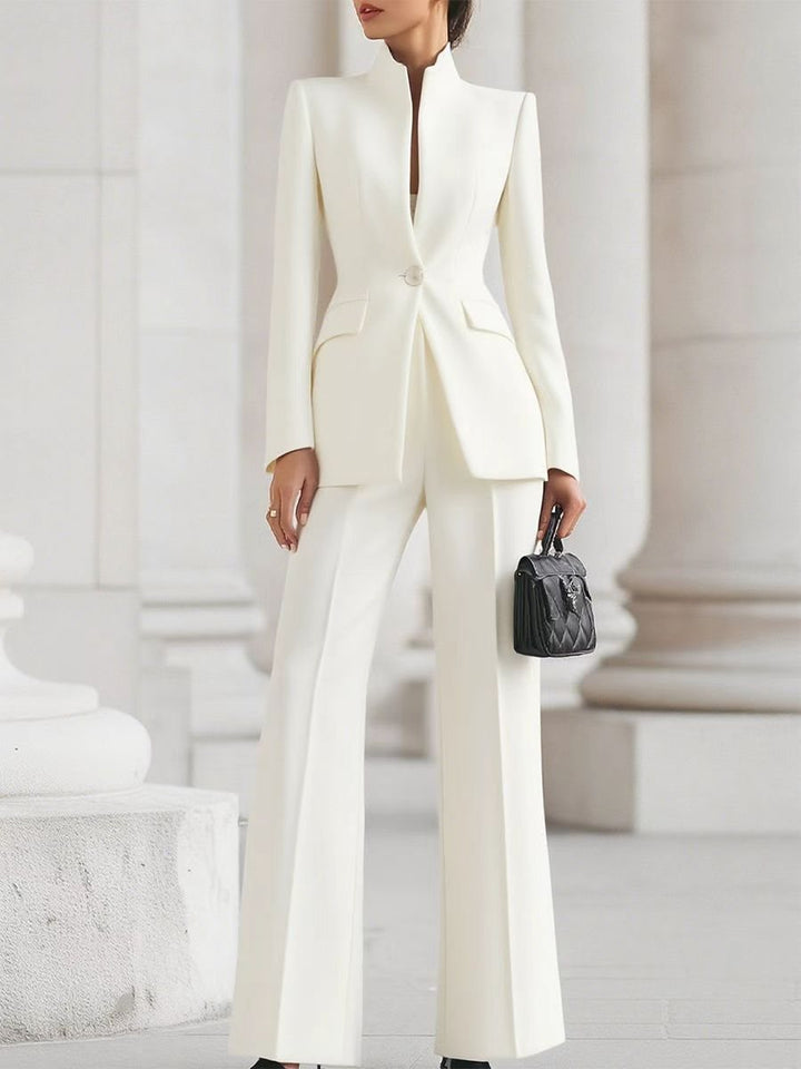Women Tailored Blazer with Stand Collar and High-Waist Flared Pants Mune Fashion