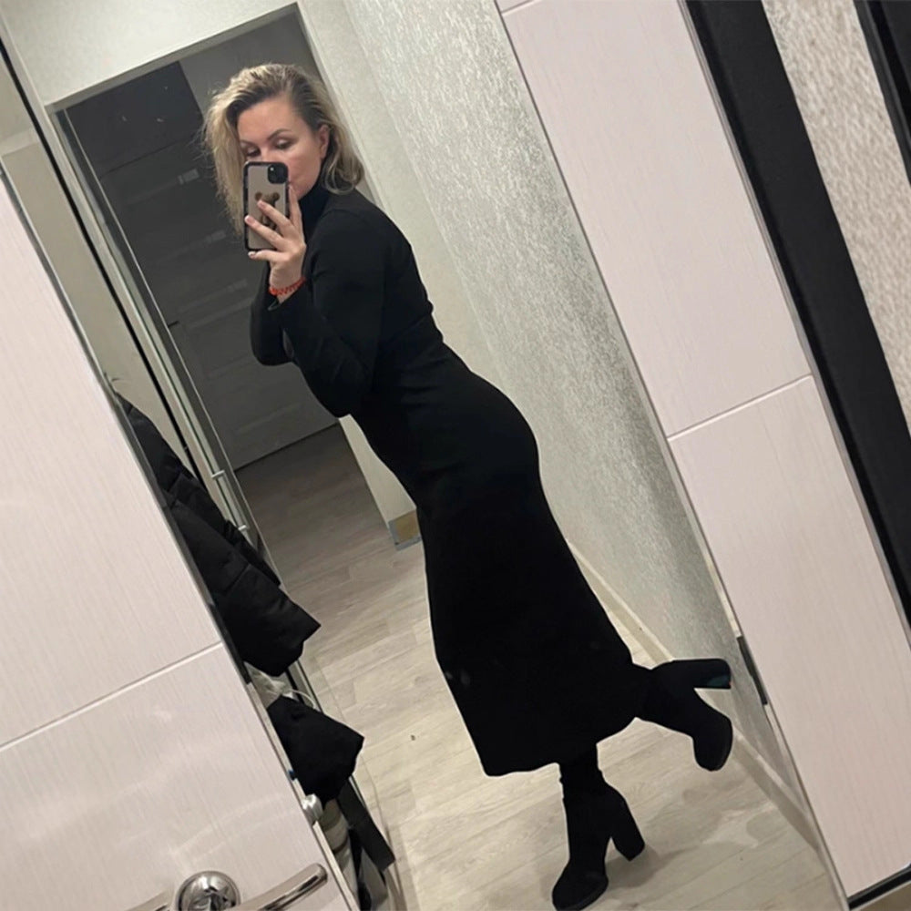 Women's figure-hugging turtleneck maxi dress made of fine knit with a narrow silhouette Mune Fashion