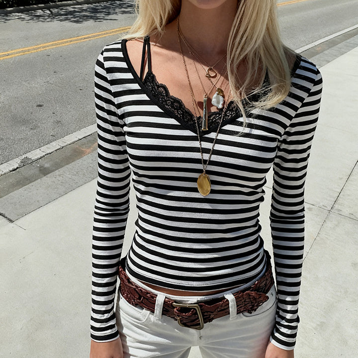 Women's striped long sleeve shirt with lace V-neck and double spaghetti straps Mune Fashion