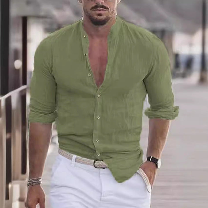 Men's Casual Linen Shirt with Modern Stand-Up Collar and Roll-Up Sleeves Mune Fashion
