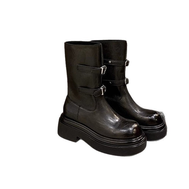 Women's knee-high platform biker boots with distinctive lug sole and three decorative belts Mune Fashion