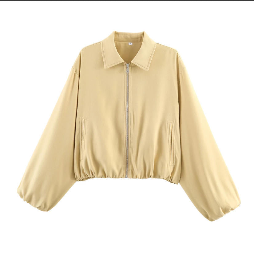 Women Shortened Bomber Jacket in Harrington Style with Balloon Sleeves and Elastic Hem Mune Fashion