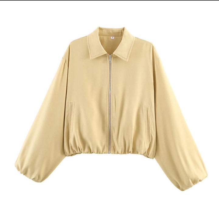 Women Shortened Bomber Jacket in Harrington Style with Balloon Sleeves and Elastic Hem Mune Fashion
