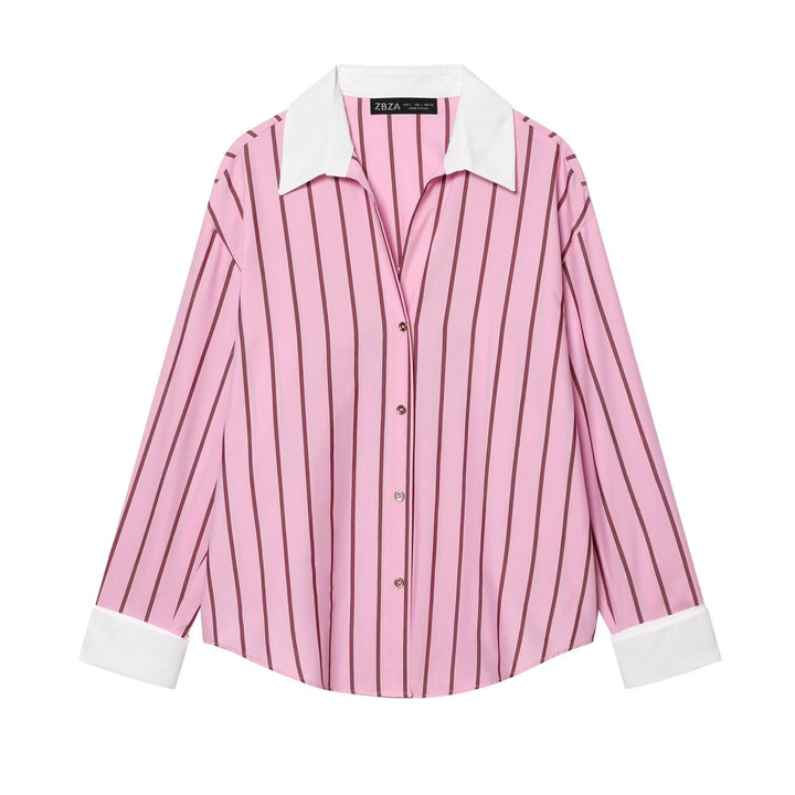 Women Striped Oversized Blouse with Contrast Collar and Cuffs Mune Fashion