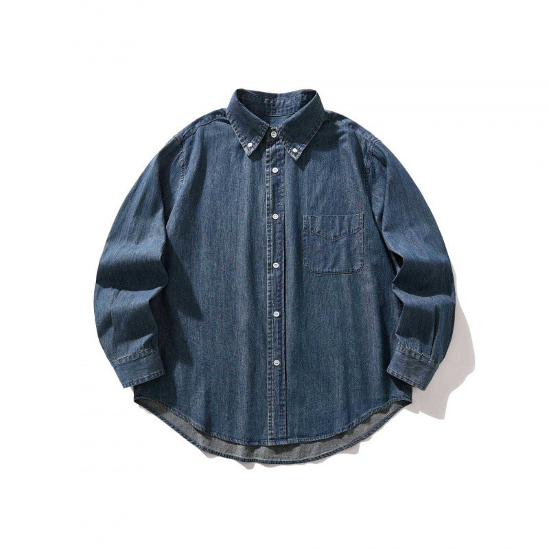 Unisex Oversize Denim Shirt Jacket with Button Collar, Applied Chest Pocket and Rounded Hem Mune Fashion