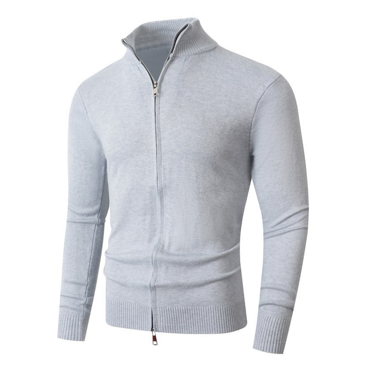 Men's Slim Fit Fine Knit Cardigan with Double Zipper and Stand Collar Mune Fashion