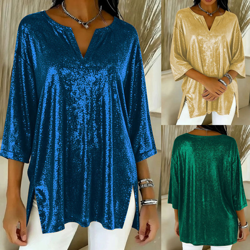 Women's Sparkling Tunic Blouse with V-Neck, Batwing Sleeves, and Side Slits Mune Fashion