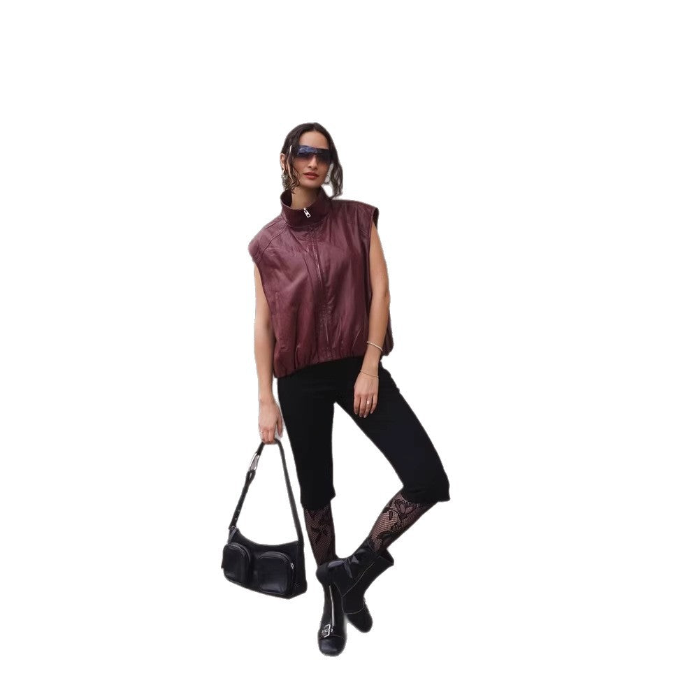 Women Sleeveless Leather Vest with High Stand Collar, Short Boxy Cut and Front Zipper Mune Fashion