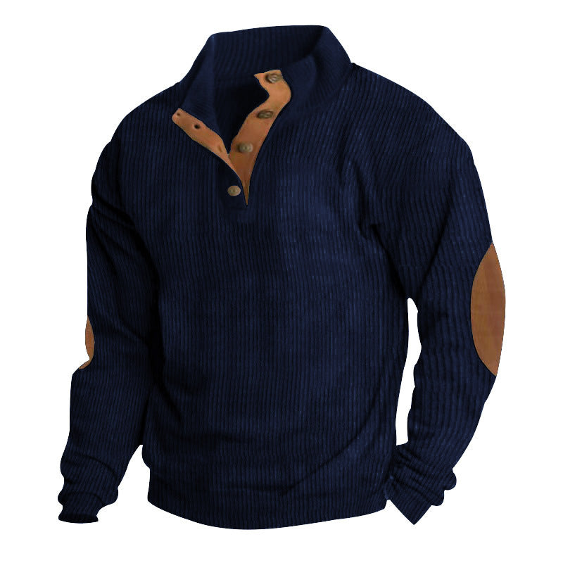Men's rustic ribbed pullover with Henley collar and leather-like elbow patches Mune Fashion