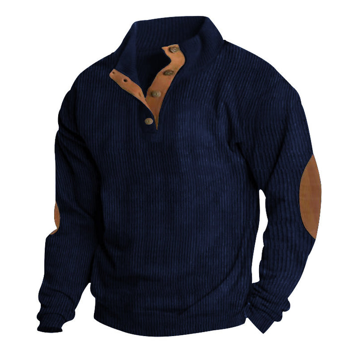 Men's rustic ribbed pullover with Henley collar and leather-like elbow patches Mune Fashion