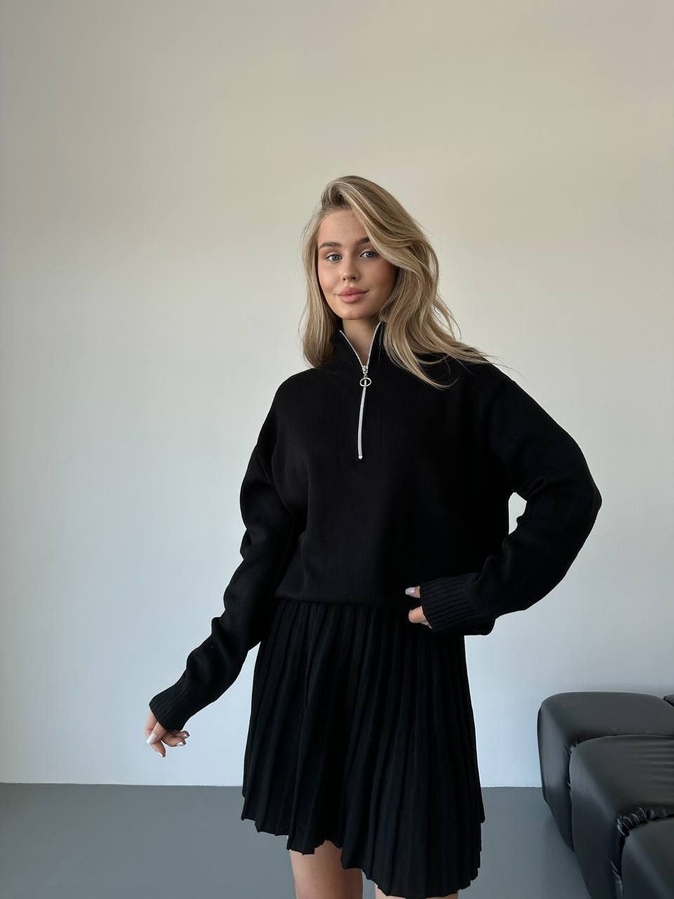 Ladies cozy knit set with zip-up sweater and pleated skirt Mune Fashion
