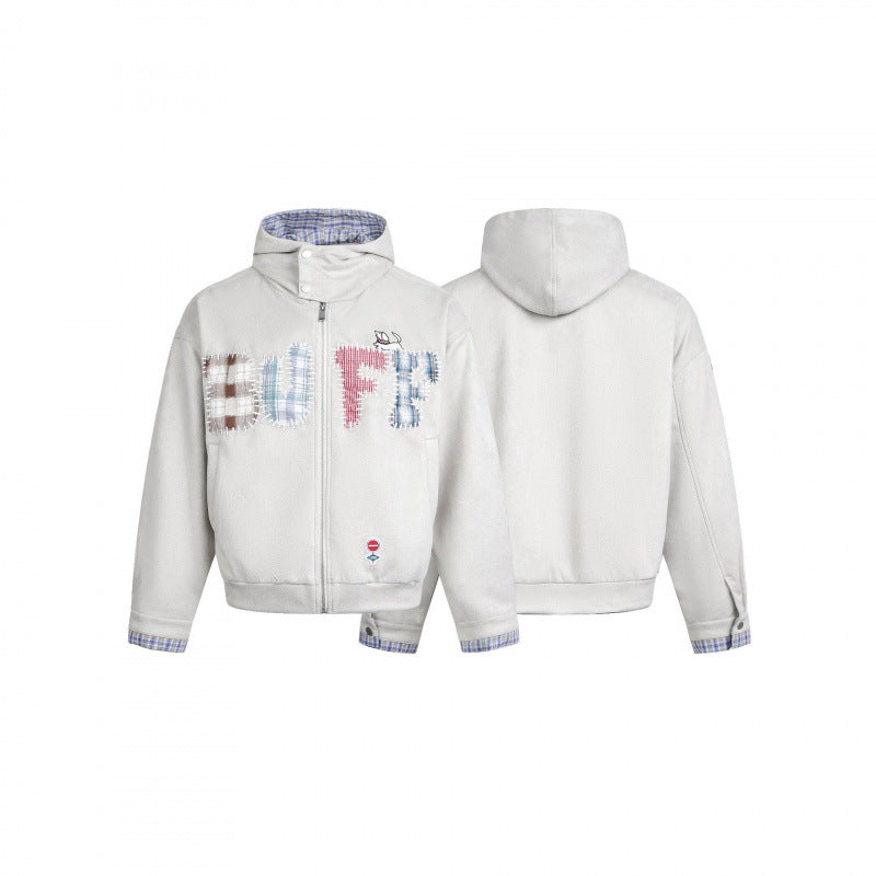 Men's Hooded Fleece Jacket with Checkered Lined Collar and Quilted Logo Applications Mune Fashion