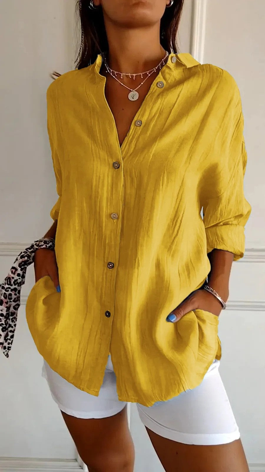 Women's Loose Crinkle Shirt with Pockets and Rolled-Up Sleeves Mune Fashion