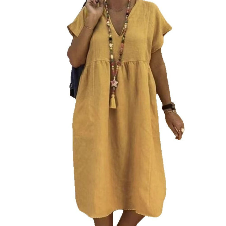 Women's Linen Maxi Dress with V-Neck and Ruffle Details Mune Fashion