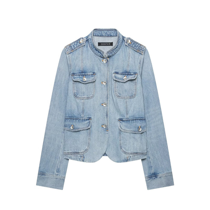 Women's jeans field jacket with stand-up collar, shoulder patches, and four flap pockets Mune Fashion