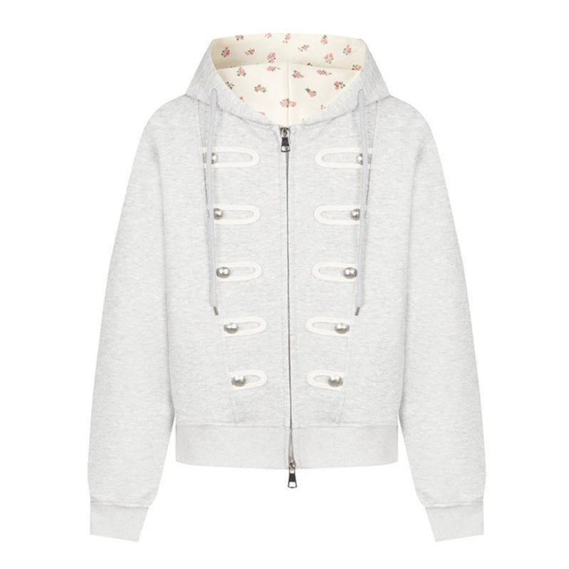 Women's hooded sweat jacket with decorative loops and metal button details Mune Fashion