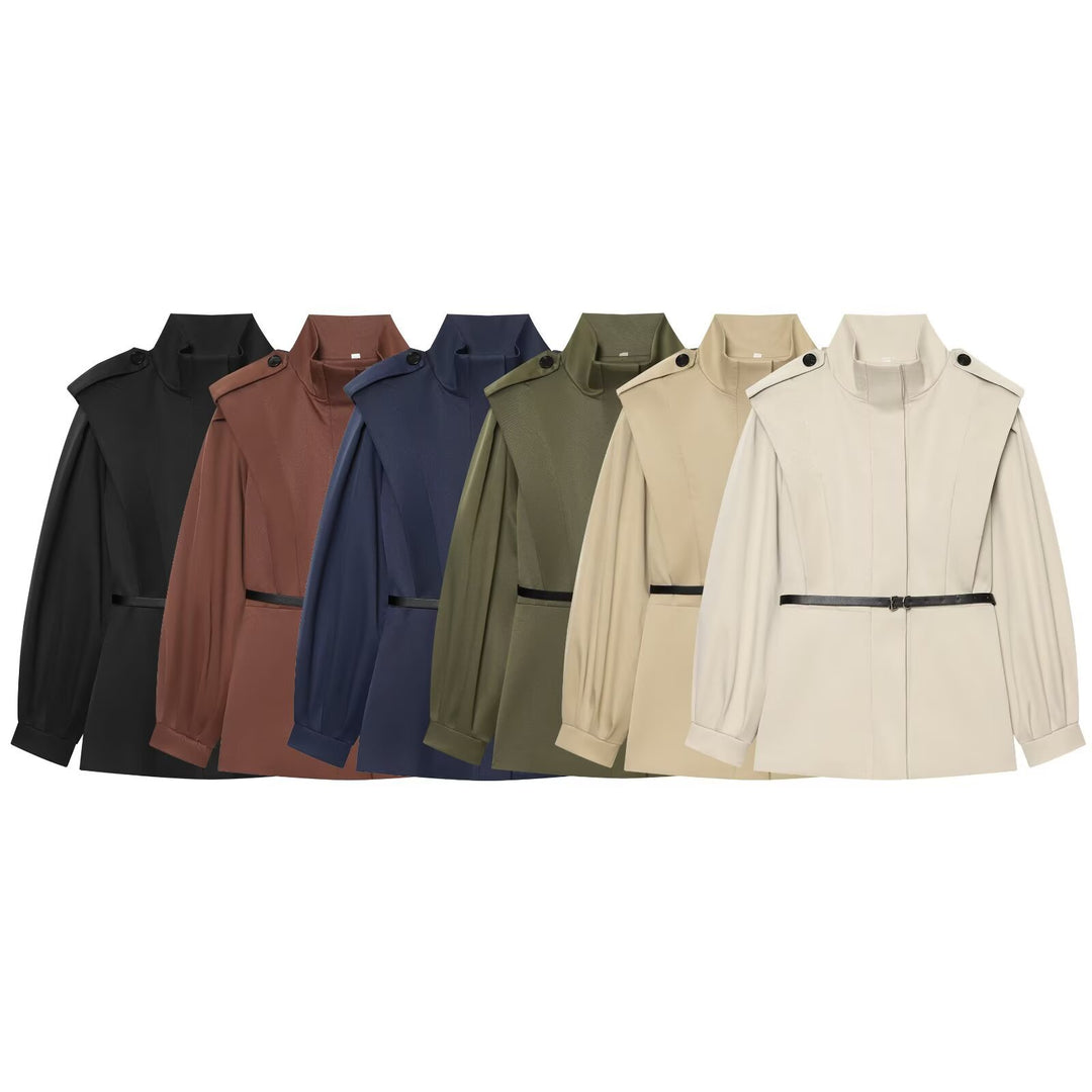 Women Short Cape Trench with High Funnel Collar and Waist Belt Mune Fashion