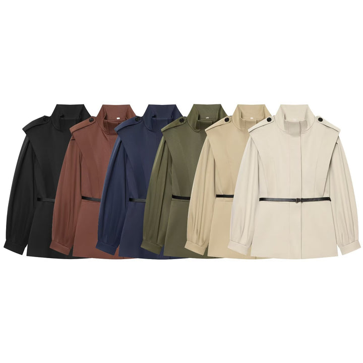 Women Short Cape Trench with High Funnel Collar and Waist Belt Mune Fashion