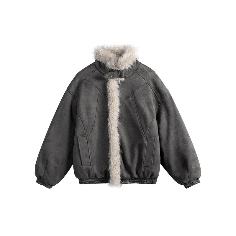 Women's short-cut bomber jacket in lambskin look with high stand-up collar and faux fur trim Mune Fashion
