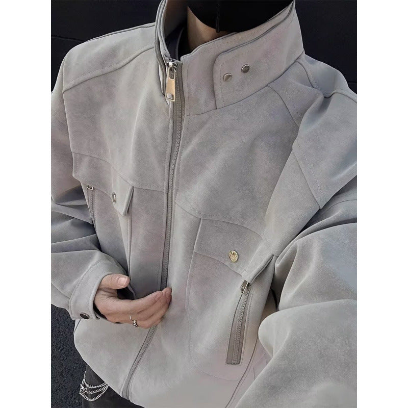 Men's Oversized Suede-Look Utility Jacket with High Stand Collar Mune Fashion