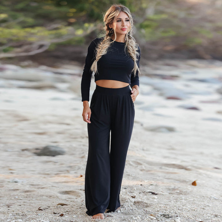 Women's Long-Sleeve Cropped Pullover and High-Waist Wide-Leg Lounge Set Mune Fashion
