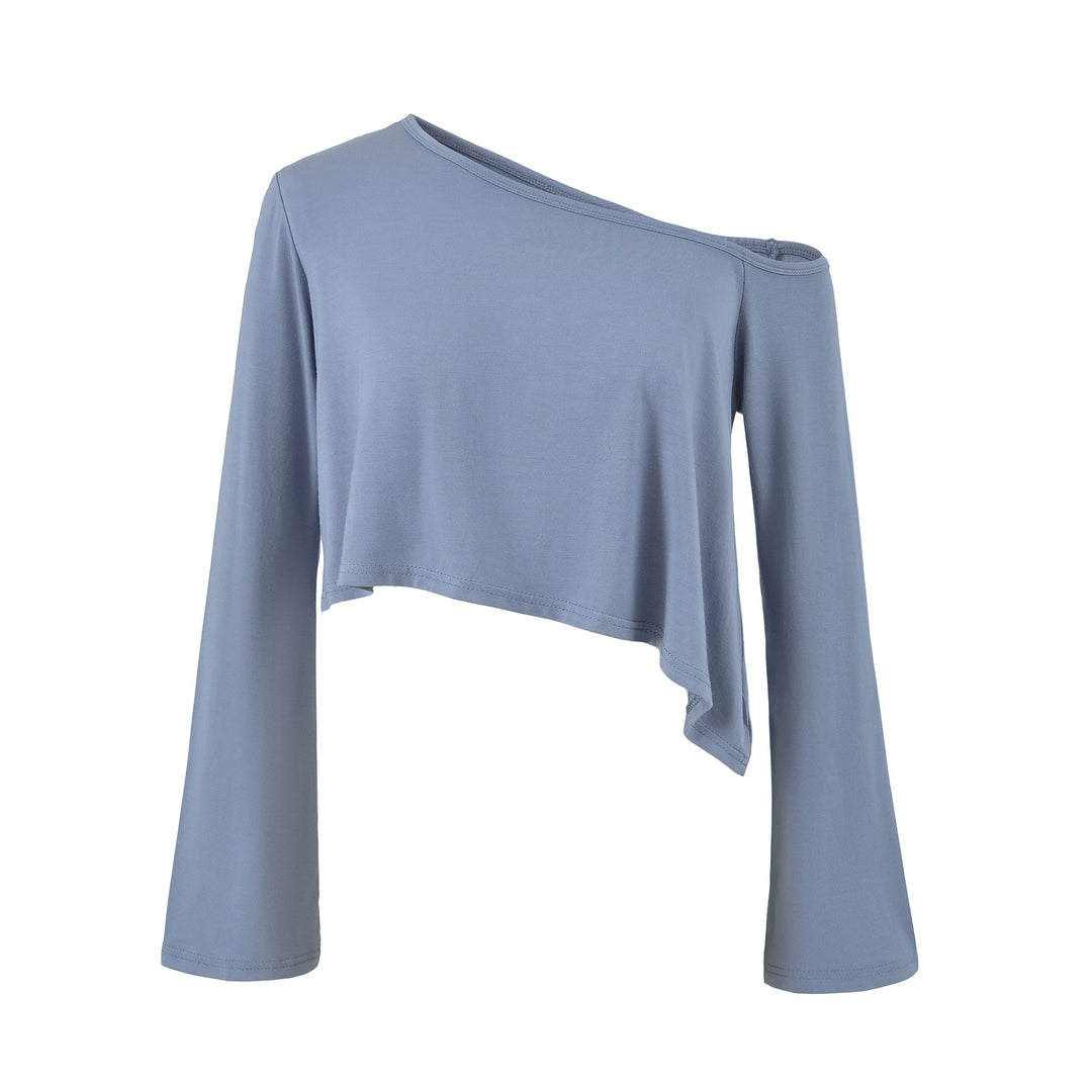Ladies One-Shoulder Crop Top with Asymmetric Hem and Flared Sleeves Mune Fashion