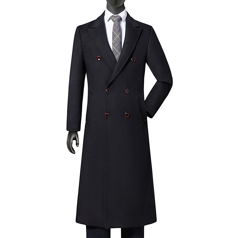 Men's Double-Breasted Long Wool Coat with Notched Lapel Mune Fashion