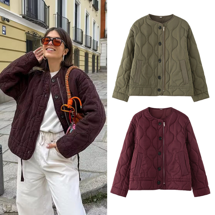 Women's quilted jacket with round quilted pattern, round neck and two-way zip Mune Fashion