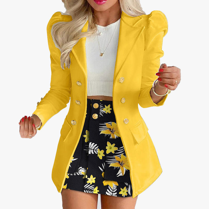 Ladies nan tailored two-piece business suit with double-breasted blazer and figure-hugging mini skirt Mune Fashion