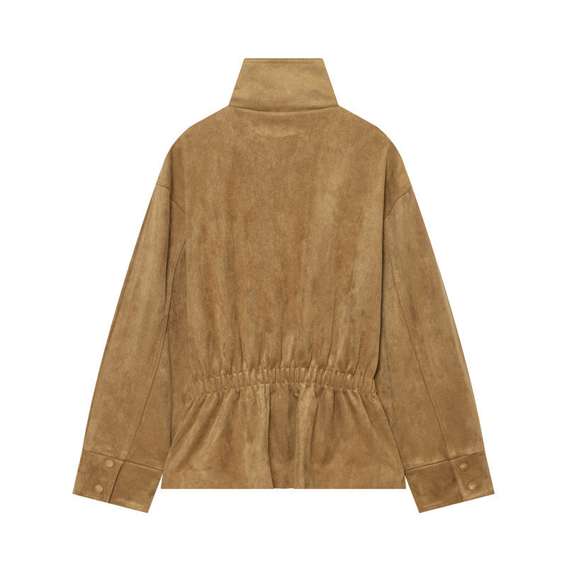 Women's short jacket in boxy cut made of suede look with high stand-up collar and tie belt Mune Fashion