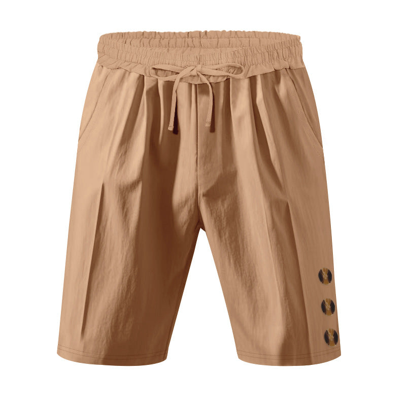Men's knee-length casual Bermuda shorts with elastic tunnel drawstring waist, side slit pockets, and round decorative appliqués Mune Fashion