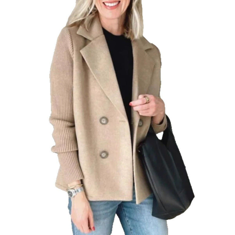 Women's Double-breasted Blazer Vest with Wide Lapels and Ribbed Knit Sleeves Mune Fashion