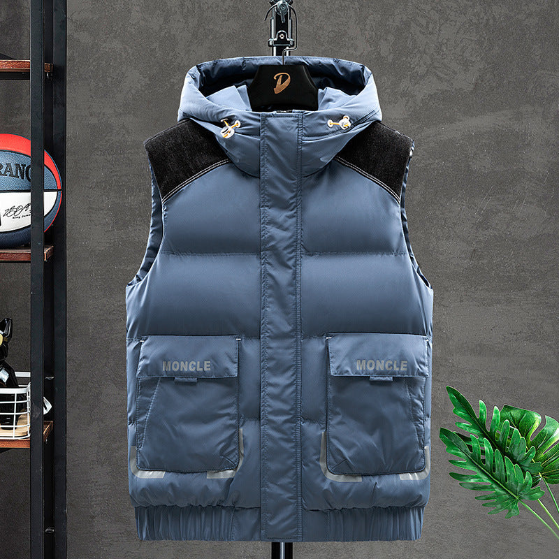 Men's Padded Hooded Quilted Vest with Front Flap Pockets and Elastic Hem Mune Fashion