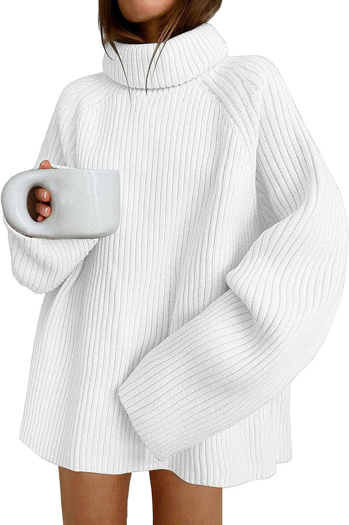 Women’s Oversize Pullover Dress made of Rib Knit with High Roll Neck and Voluminous Sleeves Mune Fashion