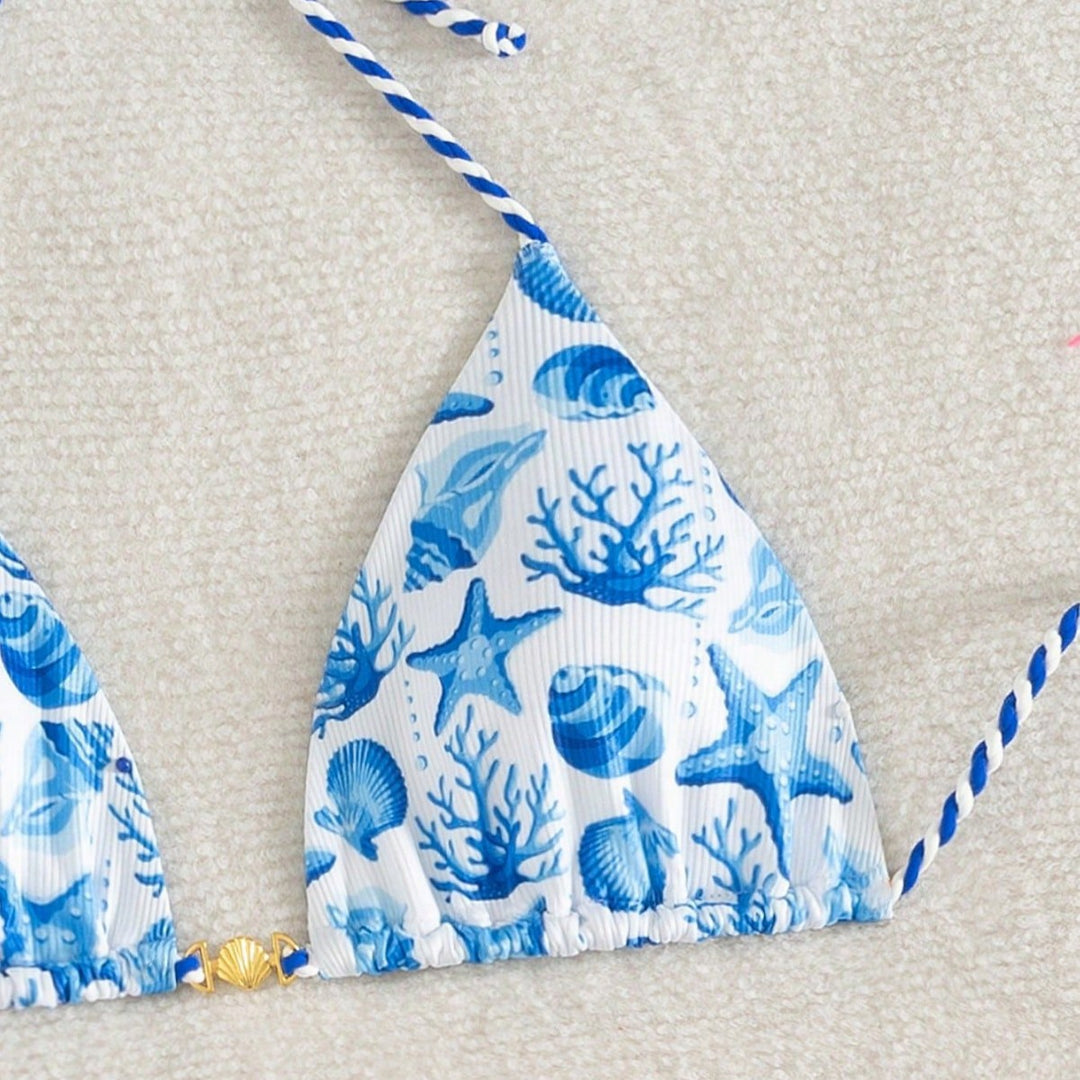 Women's triangle bikini with maritime motifs and playful cord ties Mune Fashion
