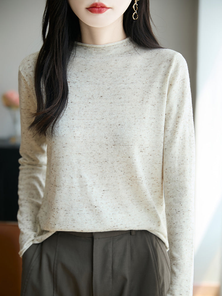 Women's Minimalist Nep Knit Long Sleeve with Short Stand-Up Collar Mune Fashion