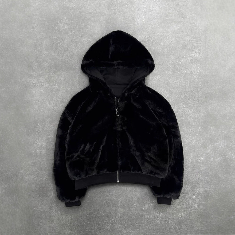 Women's short hooded jacket with faux fur lining, zipper and kangaroo pocket Mune Fashion