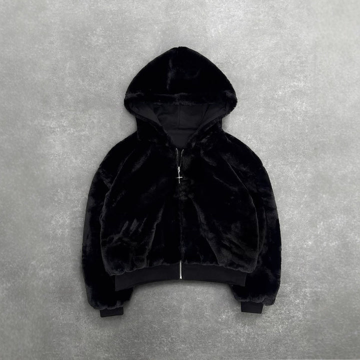 Women's short hooded jacket with faux fur lining, zipper and kangaroo pocket Mune Fashion
