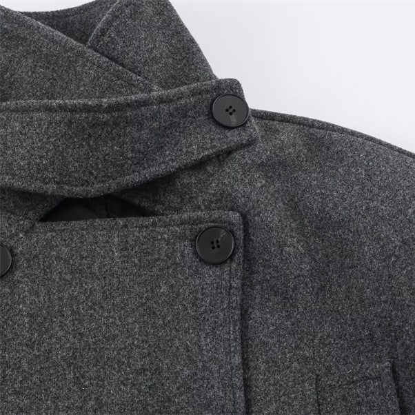 Men's short double-breasted wool coat with stand collar and waist belt Mune Fashion