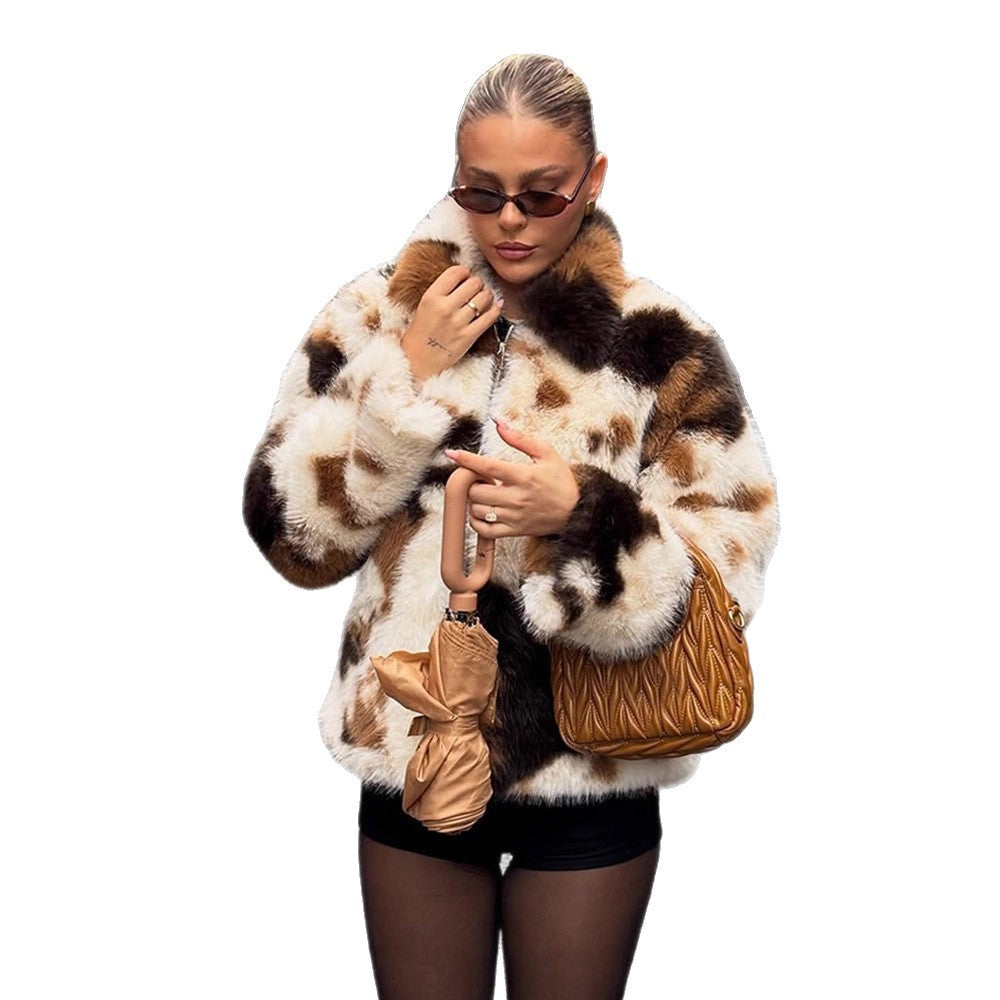 Women's Short Patchwork Faux Fur Blouson with Stand Collar and Concealed Zipper Mune Fashion