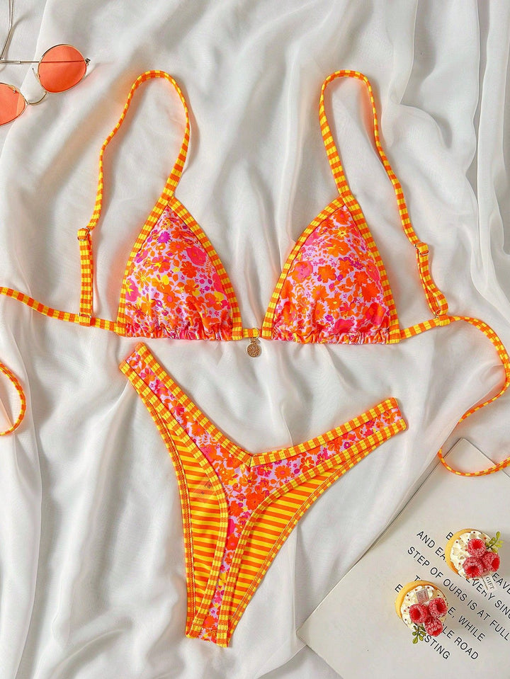 Women Triangle Bikini with Ruffle Details and Check Pattern Mune Fashion