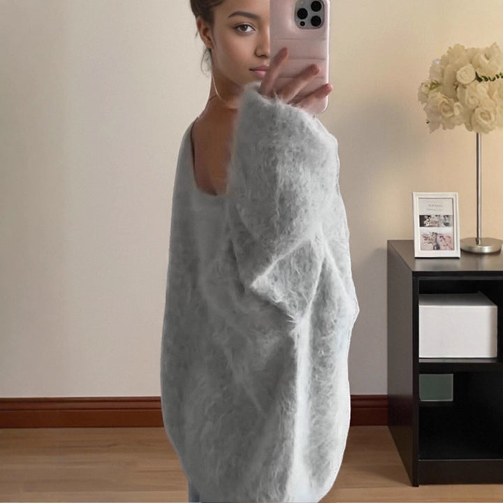 Women Oversize Mohair Blend Off-Shoulder Sweater with Balloon Sleeves Mune Fashion
