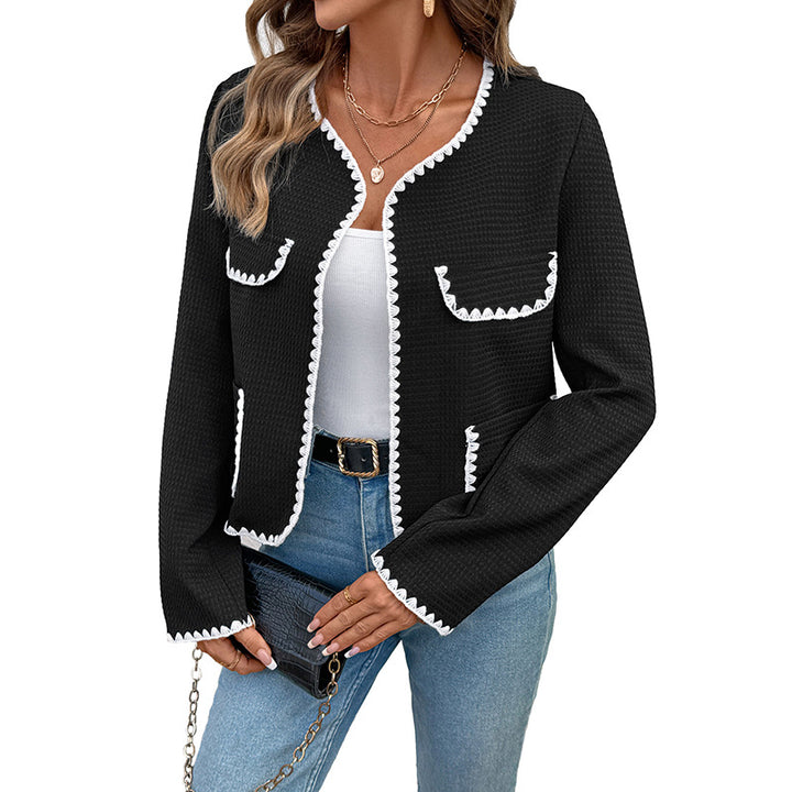 Women's Boxy Jacket in Boucle Texture with Decorative Crochet Edges and Patch Pockets Mune Fashion