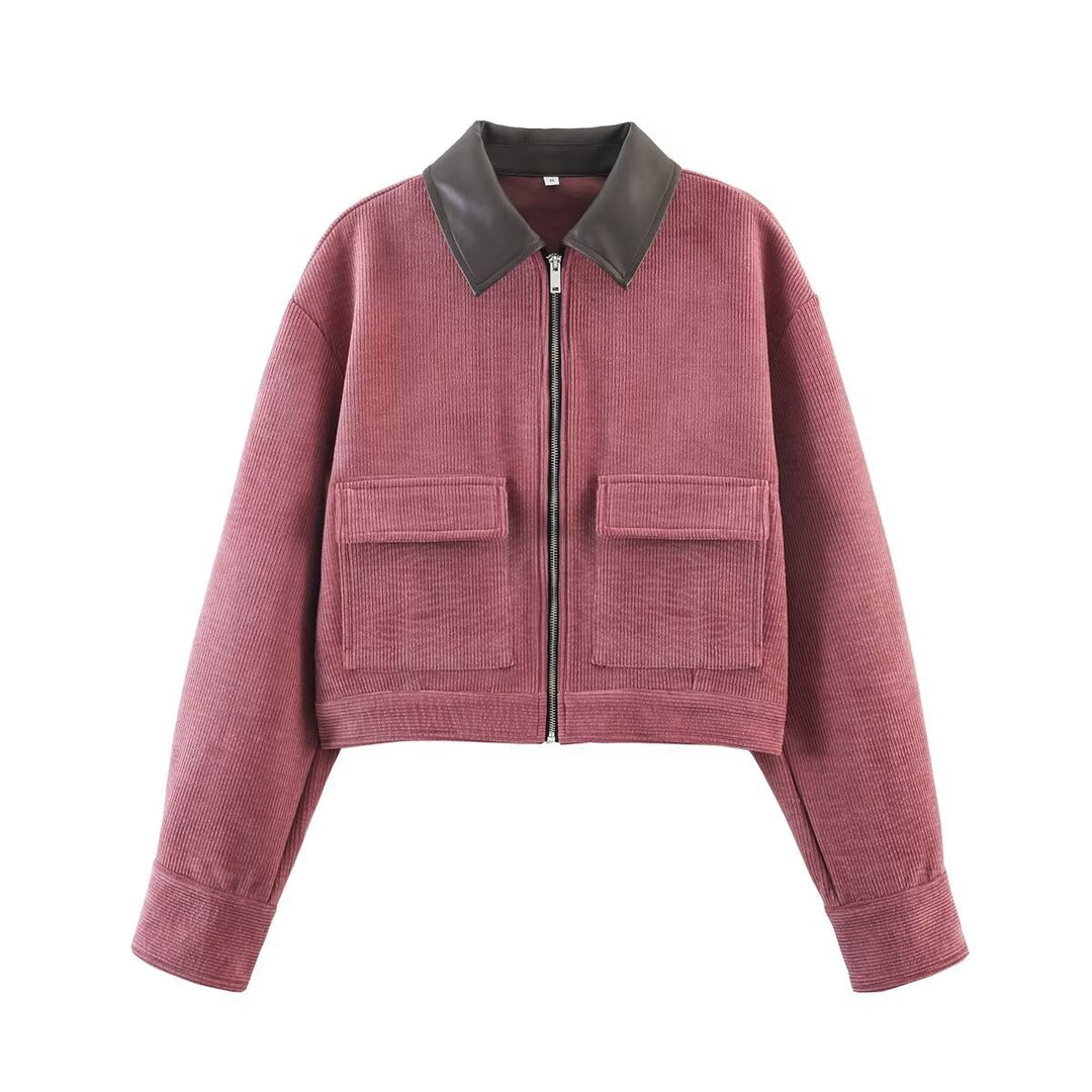 Women's Short Cord Jacket in Blouson Style with Leather Collar and Flap Pockets Mune Fashion