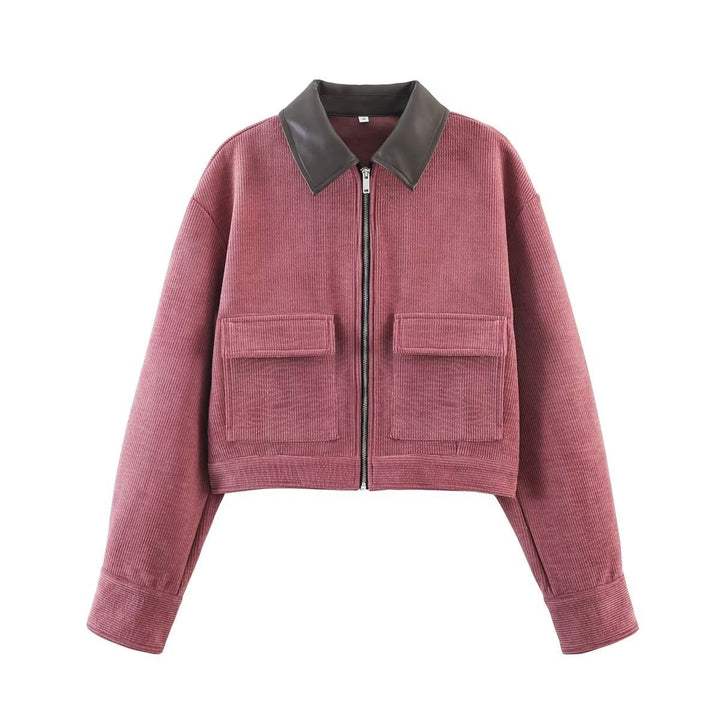 Women's Short Cord Jacket in Blouson Style with Leather Collar and Flap Pockets Mune Fashion