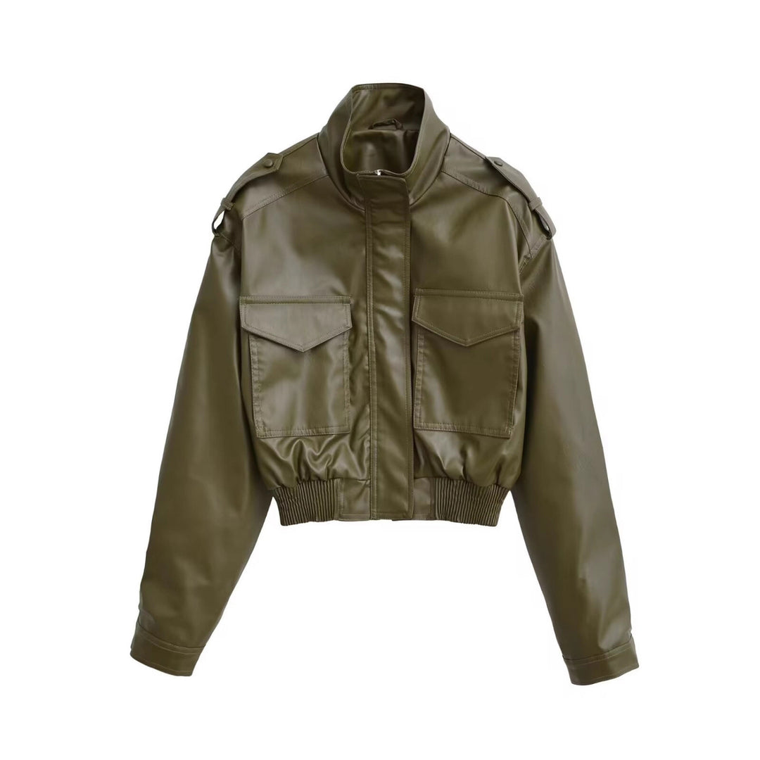 Women's Short PU Leather Bomber Jacket with High Stand-Up Collar, Flap Pockets and Shoulder Epaulettes Mune Fashion