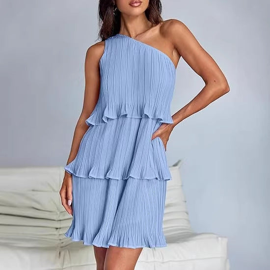 Women's Sleeveless Pleated Tiered Dress with Asymmetrical Shoulder Mune Fashion