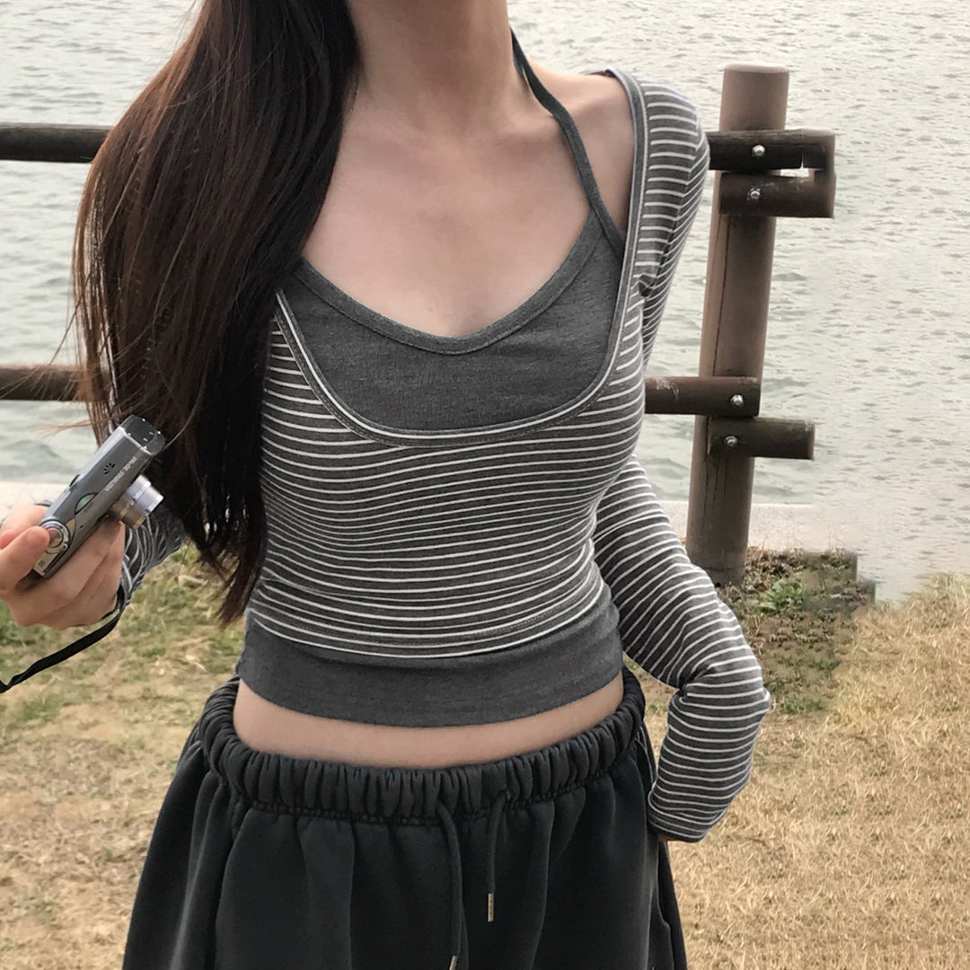 Women's gathered layering cropped top with integrated bustier and fine stripe knit Mune Fashion