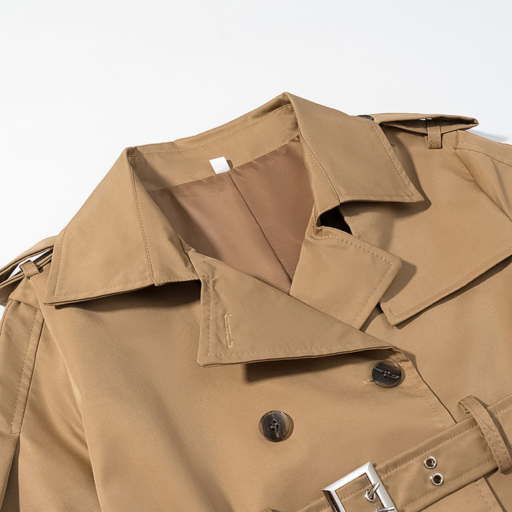 Women's Long Double-Breasted Trench Coat with Tailored Double Belt, Balloon Sleeves and Epaulettes Mune Fashion